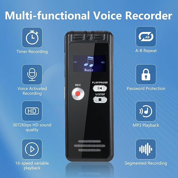 64GB Digital Voice Activated Recorder with Playback - 3072Kbps HD Audio Recorder - Recording Device Tape Recorder with 20H Continuous Recording, A-B Repeat - Recorder for Lectures, Classes, Meetings - Image 8
