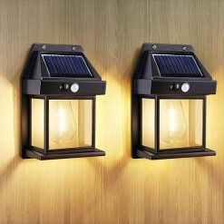 Blakapoo 2 Pack Solar Wall Lights Outdoor, Garden Wall Lights Solar Powered Waterproof, with Motion Sensor, Ip65 Solar Security Lights, for Gardens、Fence、Porch、Garage、Patio、Yard, Warm White