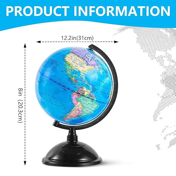 KISEER 8 Inch World Globe with Stand Rotating Earth Spinning Globe for Kids Geography Classroom Education or Decorations (Blue) - Image 3