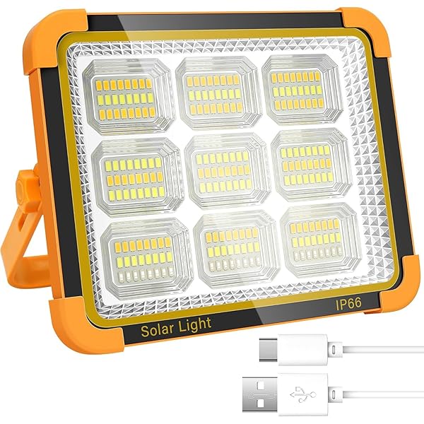 Solar LED Rechargeable Work Light - Portable Emergency Light with 5 Lighting Modes - Power Bank LED Flood Spotlight Lamp for Garage, Hiking, Yard, Outdoor, Car Repairing, Fishing