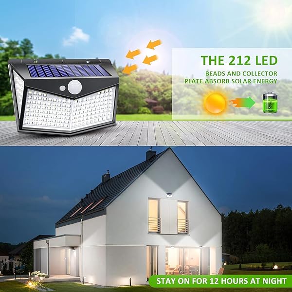 Solar Lights Outdoor,Upgraded 212 LED/3 Modes Motion Sensor Security Lights w/270° Wide Lighting Angle,IP65 Waterproof Wall Lights Solar Powered,Bright for Yard Garden Outside (Solar Lights 2 Pack) - Image 7