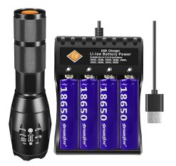 USB Compact LED Torch Rechargeable, 2000 Lumen Super Bright Torches with 4 Rechargeable Batteries and USB Charger, 5 Mode Waterproof Zoomable Flashlight for Fishing Camping Daily Use Outing Gift